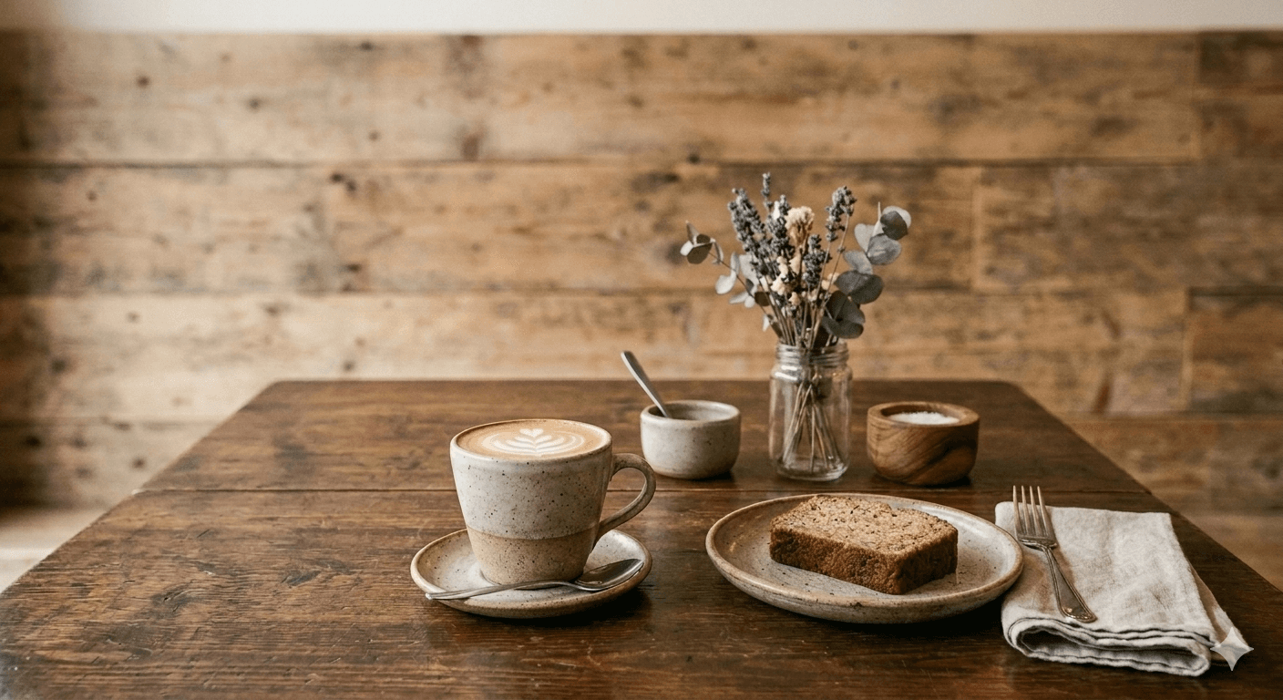 Coffee and dessert on a table with a rustic background